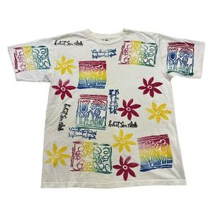 Vintage LA Transfer Shirt Mens XL White Red Blue Art Floral Flowers Short Sleeve